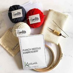 Starterset Punch needle pakket met ecologische materialen | Inclusief instructies voor beginners eco wol, aanpasbare punchnaald, en monks cloth | kleurset rood antraciet
